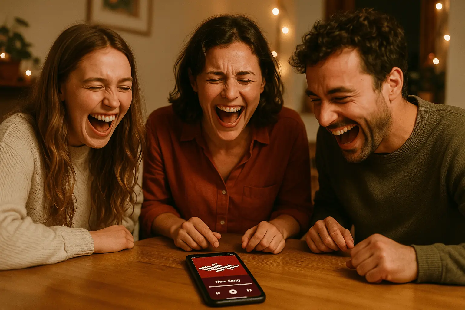 Amis heureux Γ©coutant une chanson sur tΓ©lΓ©phone - Tailor Tune