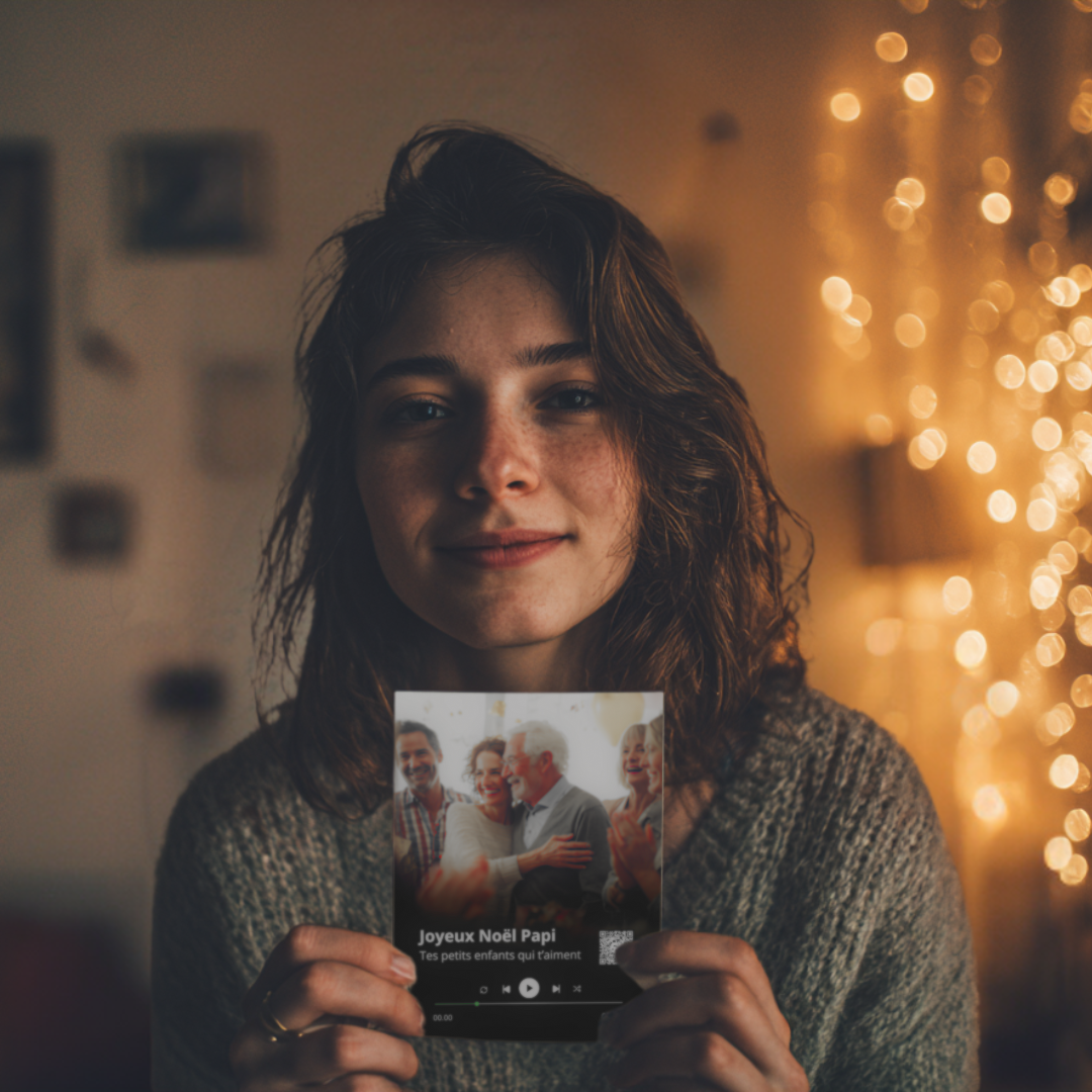 Woman holding a personalized gift received at Christmas