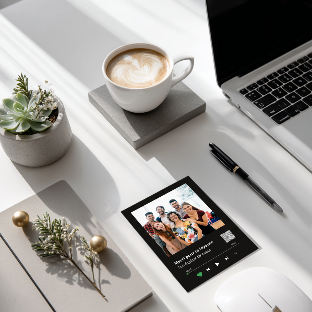 Colleague holding a personalized gift received at Christmas